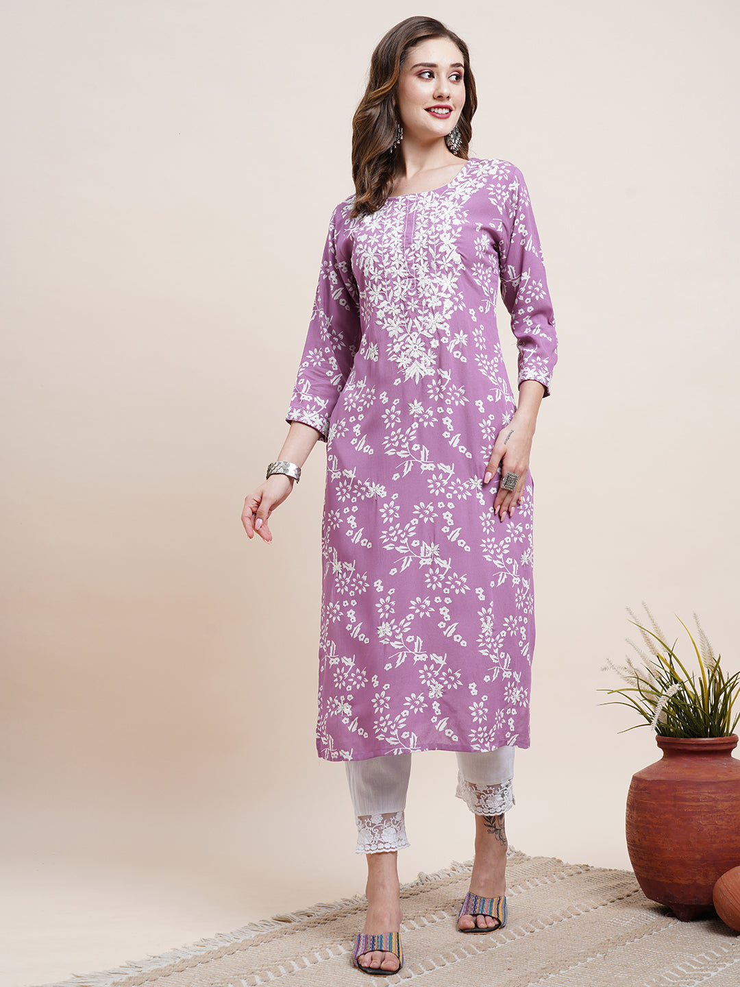 Embroidered Kurta and Pant - Purple