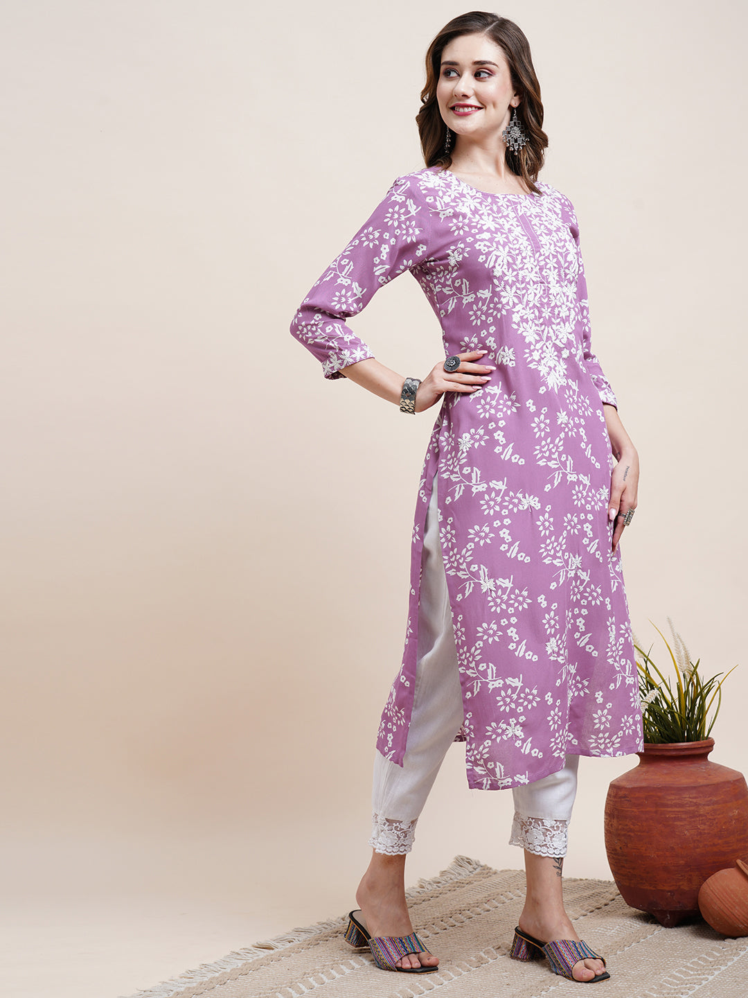 Embroidered Kurta and Pant - Purple