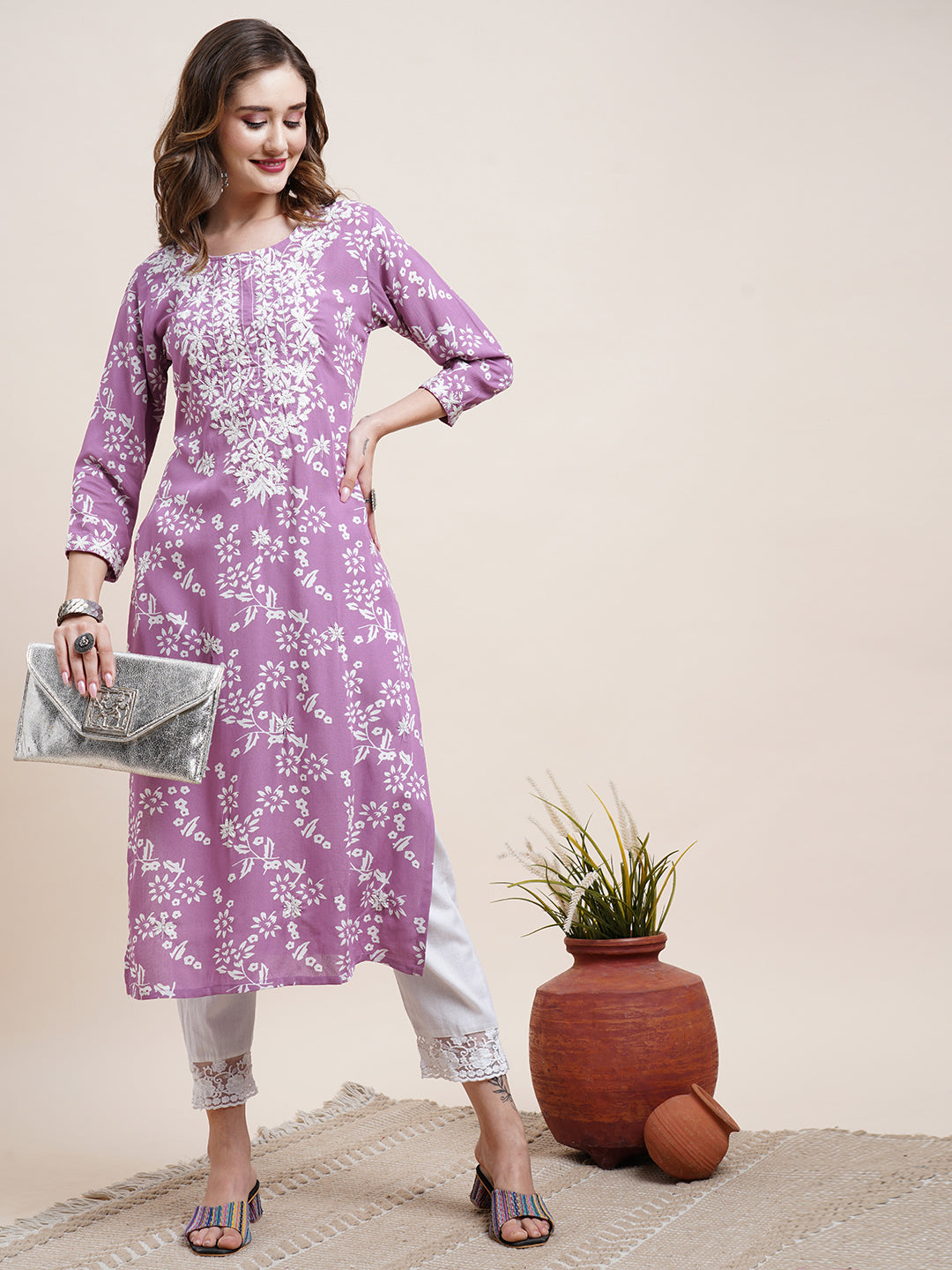 Embroidered Kurta and Pant - Purple