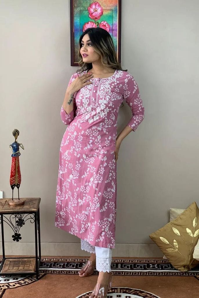 Kvinna Embroidery Work Kurta and Pant Set (Pink)