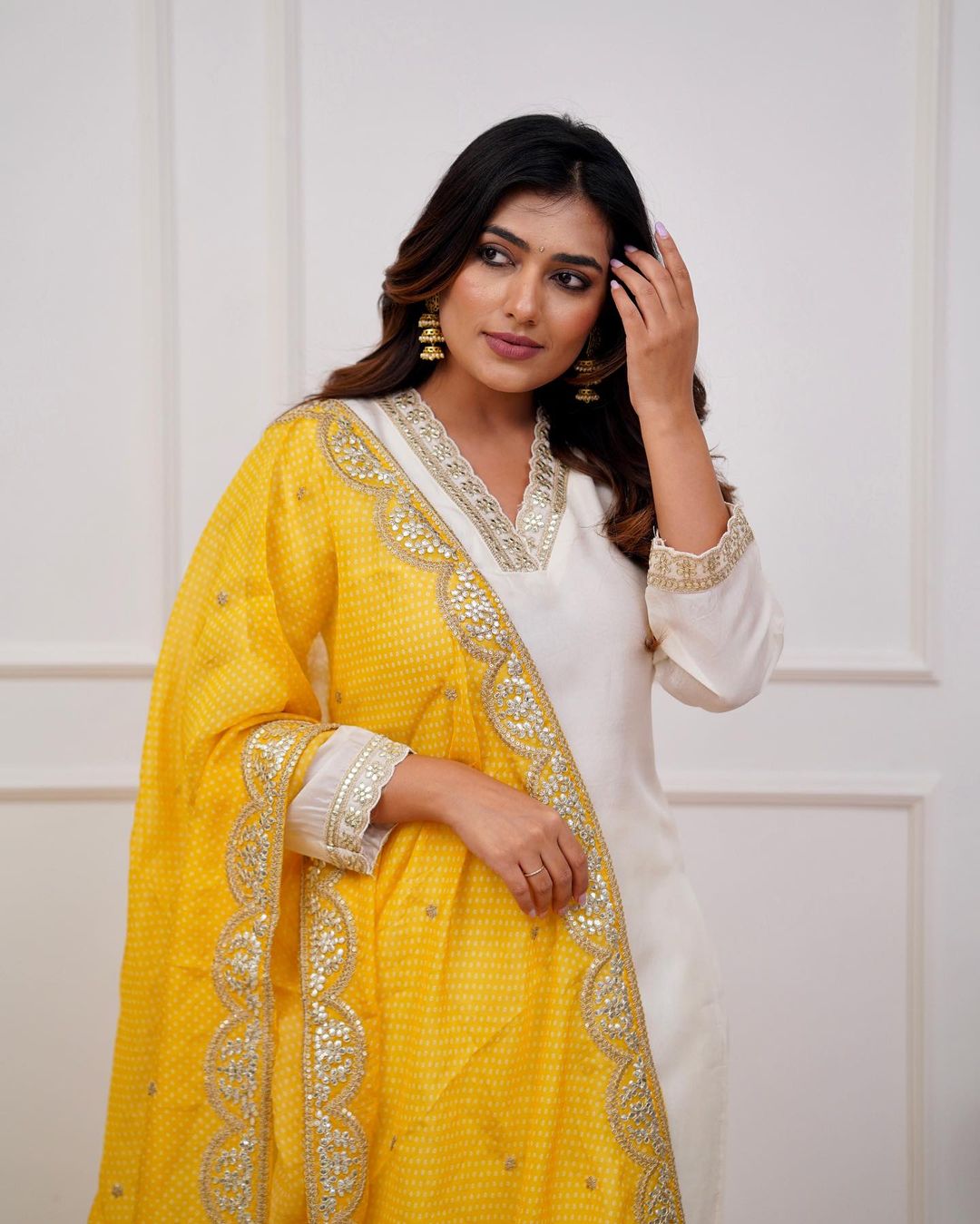 Dola Silk Suit with Handwork Yellow