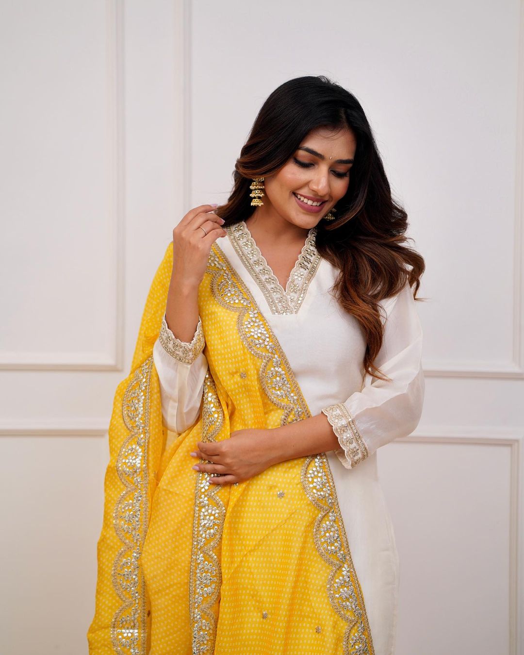 Dola Silk Suit with Handwork Yellow