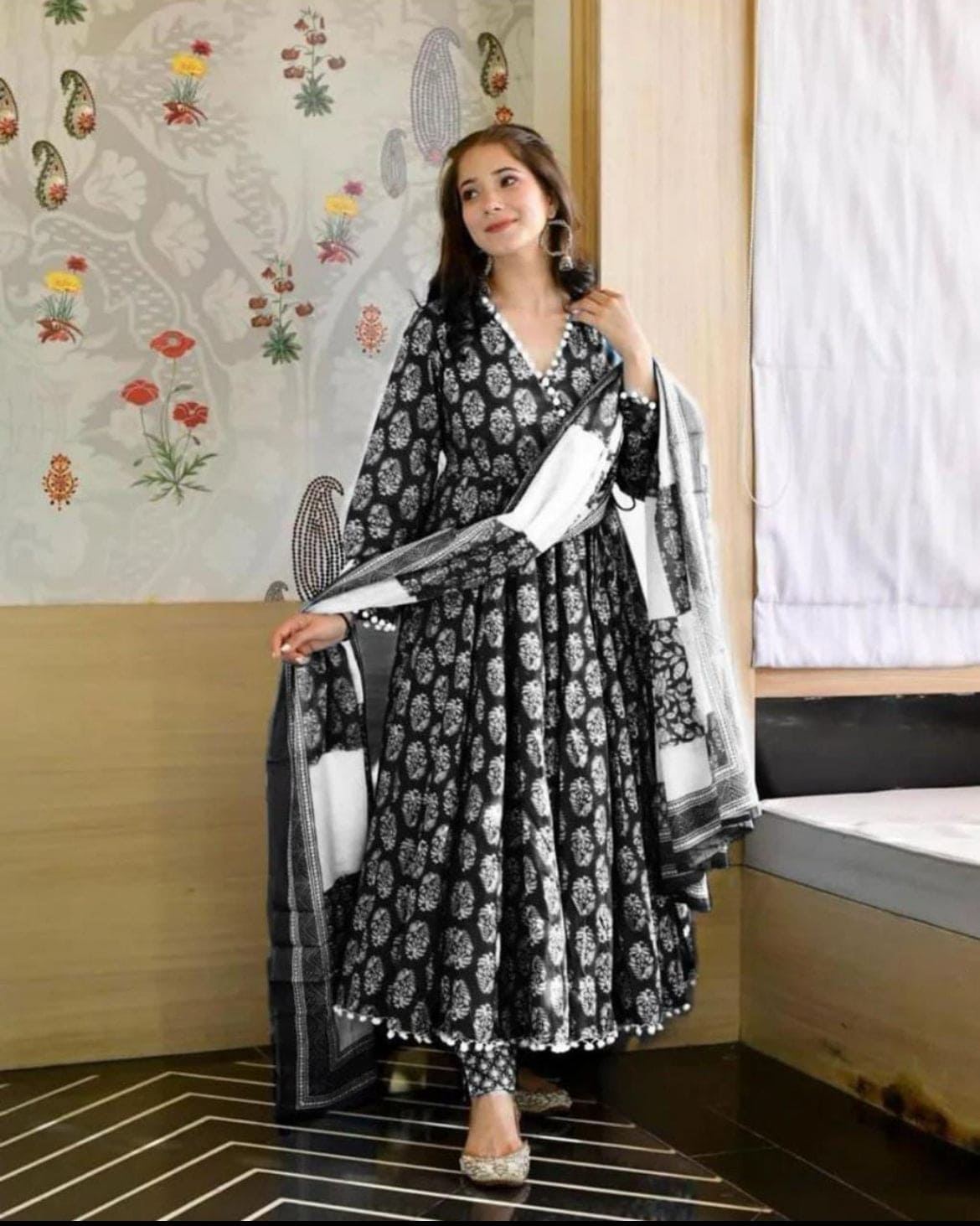 Black Digital Printed Satin Silk Long Anarkali Style Gown