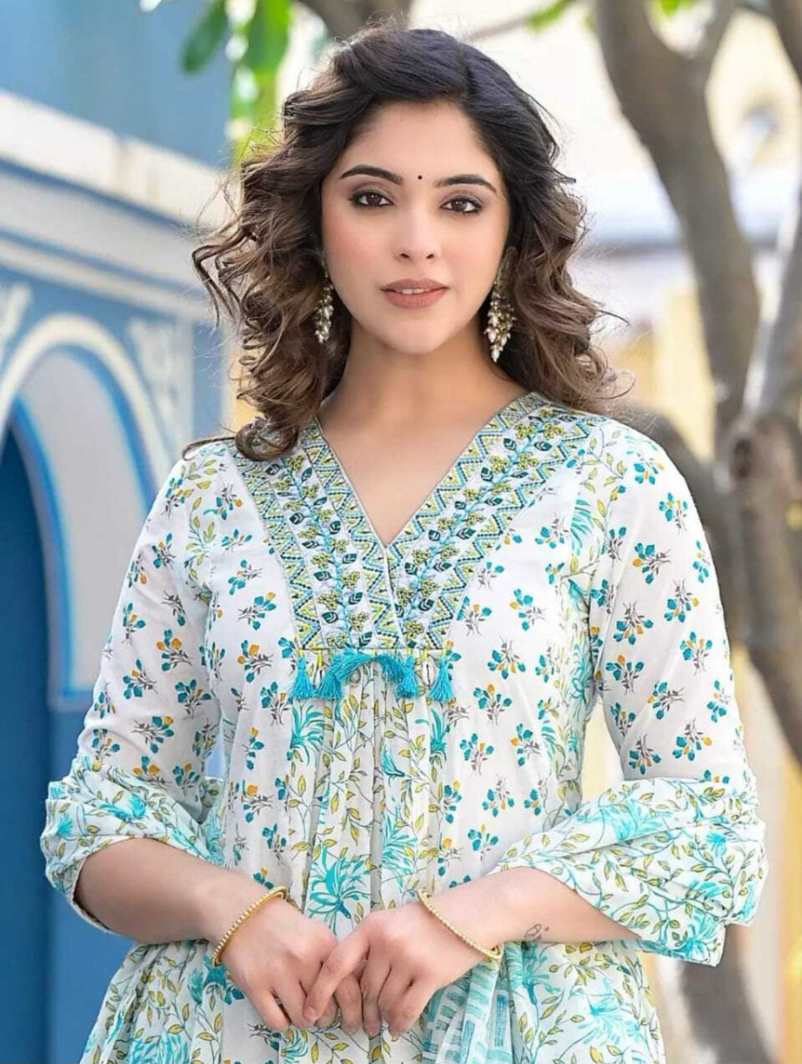 Blue Floral Print With Embroidery Work Suit Set