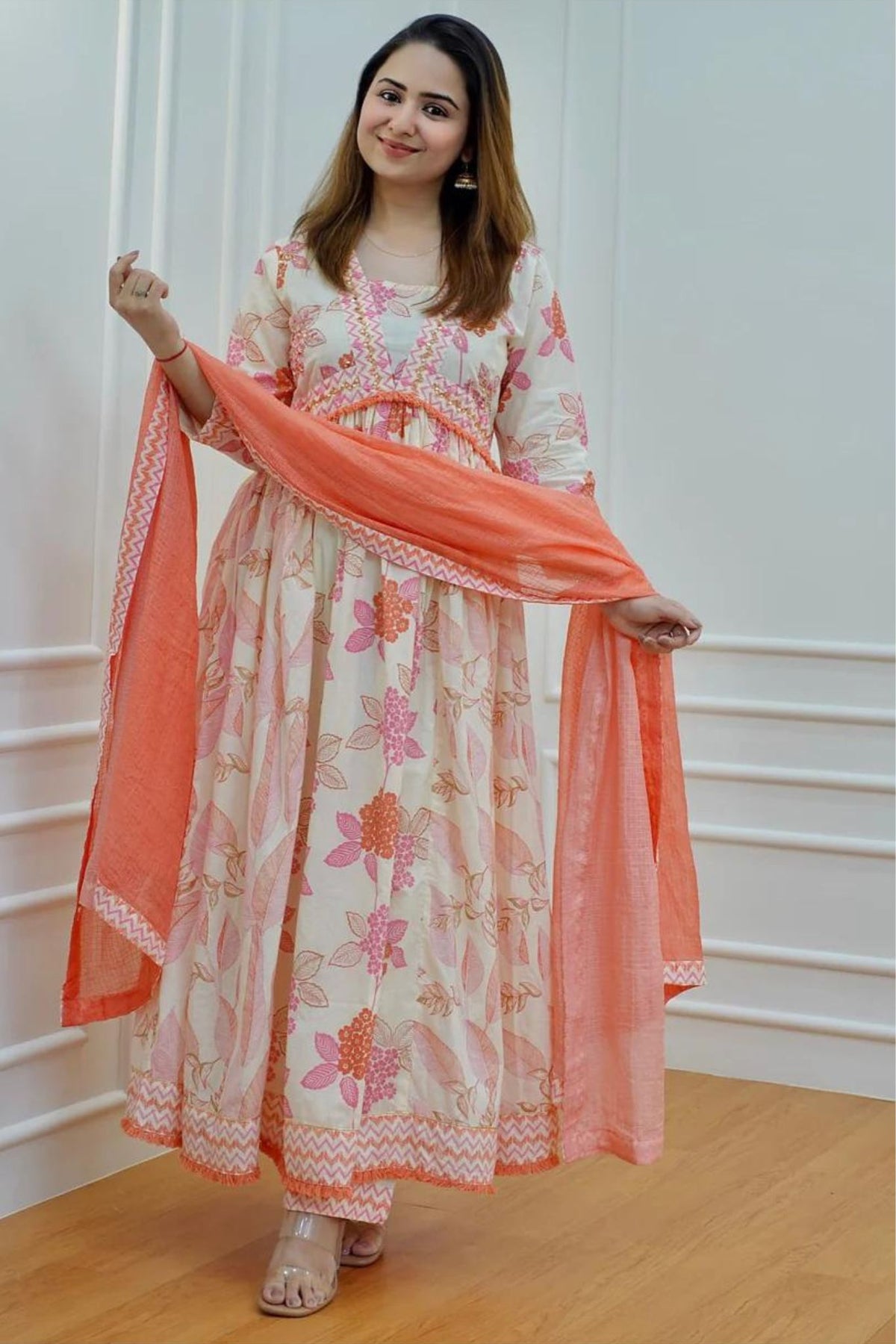 PEACH FLORAL A LINE SUIT