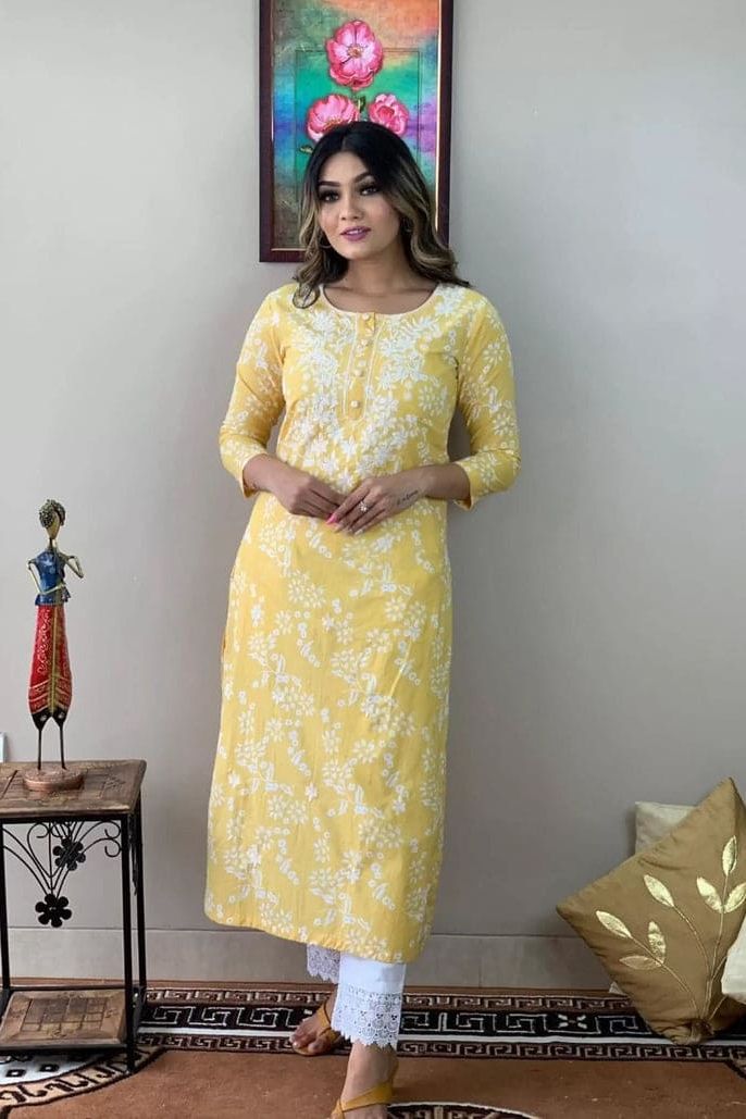 Kvinna Tattoo Work Kurta and Pant Set (Yellow)