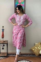 Kvinna Embroidery Work Kurta and Pant Set (Pink)