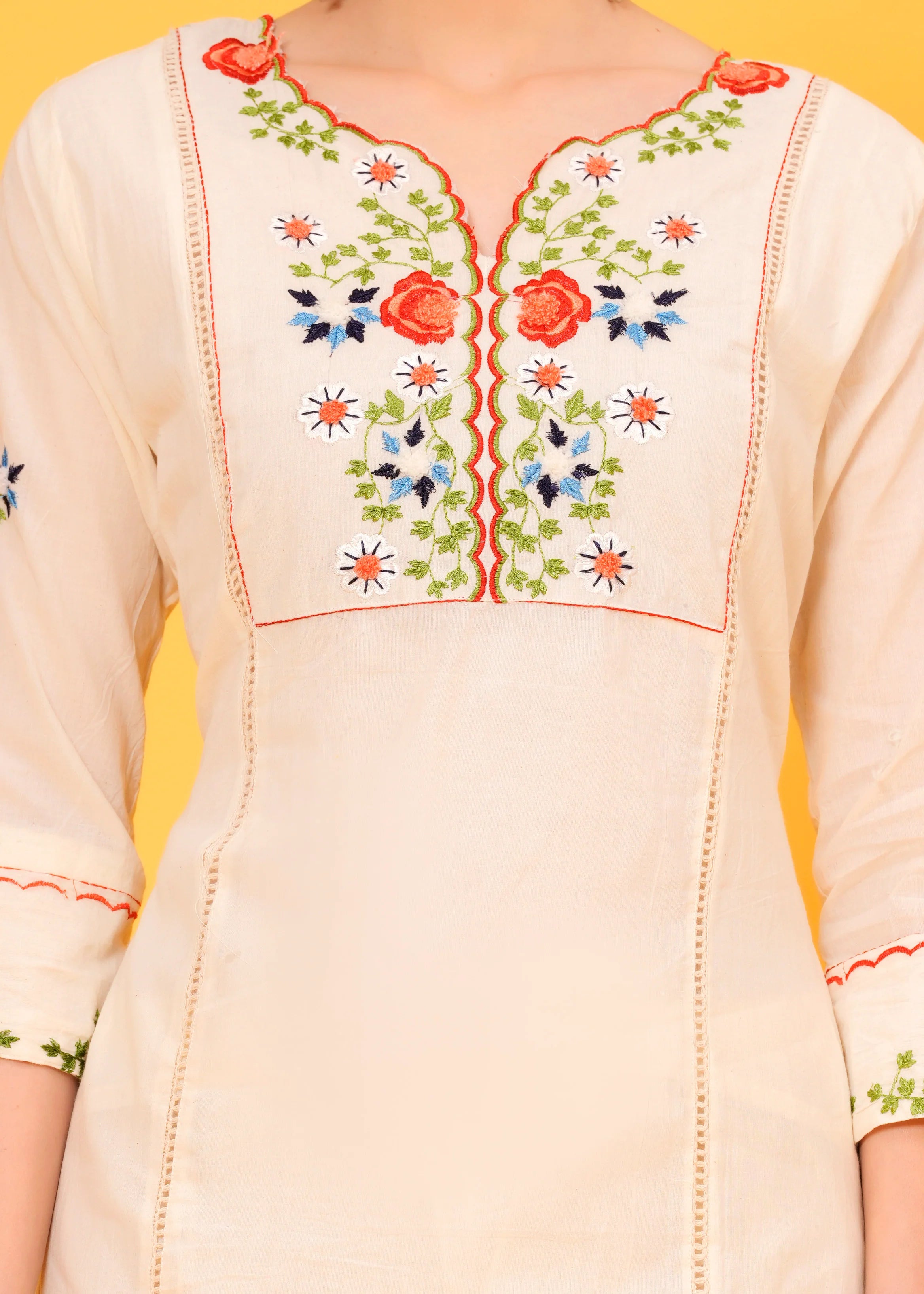 Embroidered Off White Cotton Kurta And Pant Set