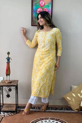 Kvinna Tattoo Work Kurta and Pant Set (Yellow)