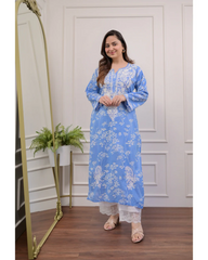 Blue Chikankari Mul Cotton Kurti