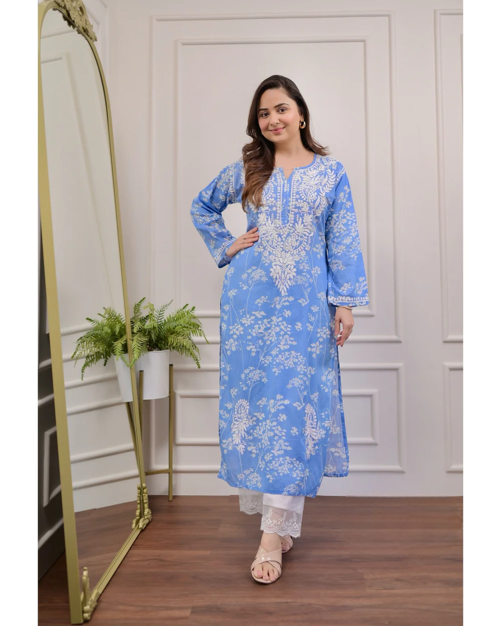 Blue Chikankari Mul Cotton Kurti