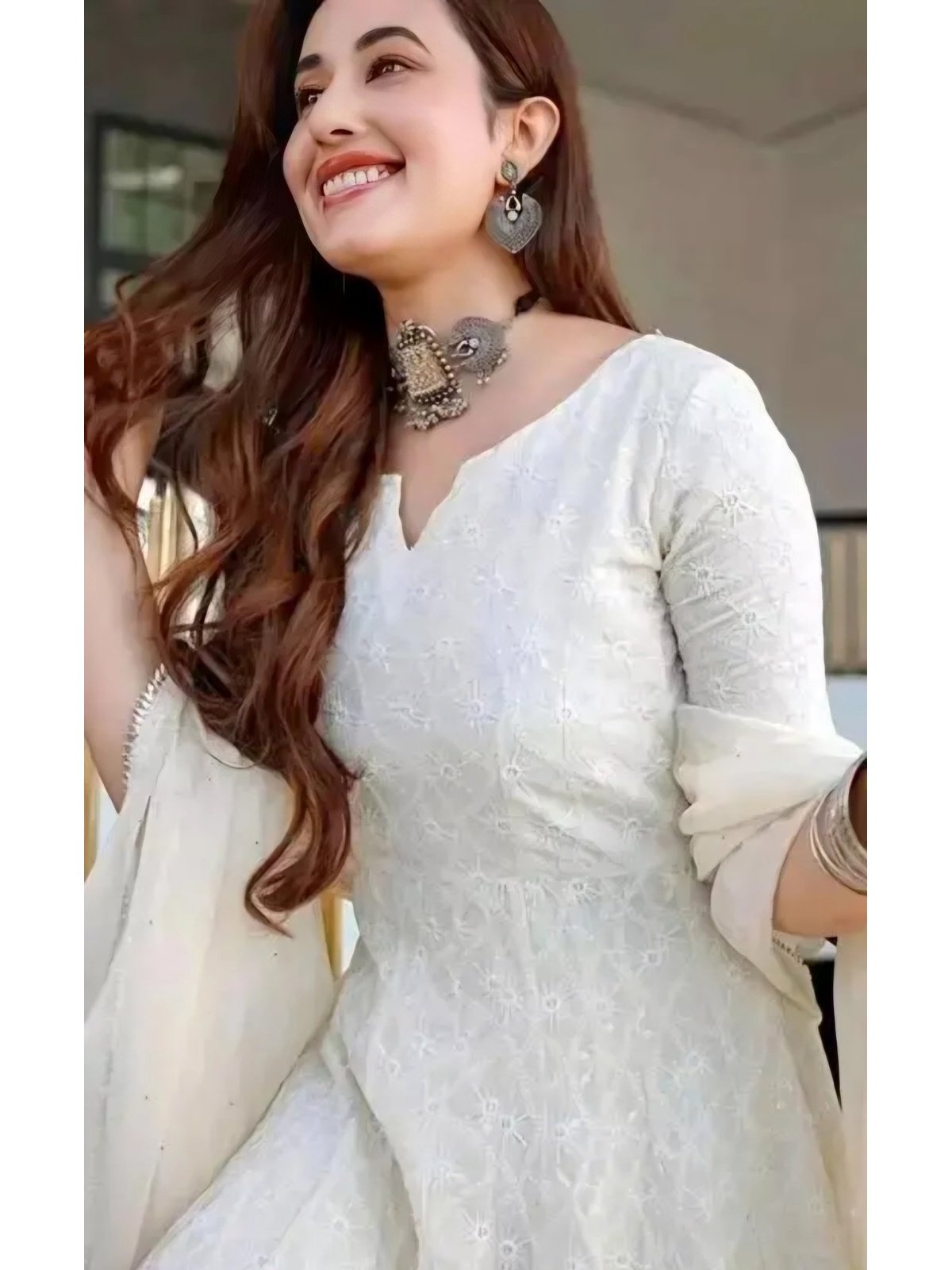 Cotton Chikankari Work Anarkali Kurta and Dupatta Set White